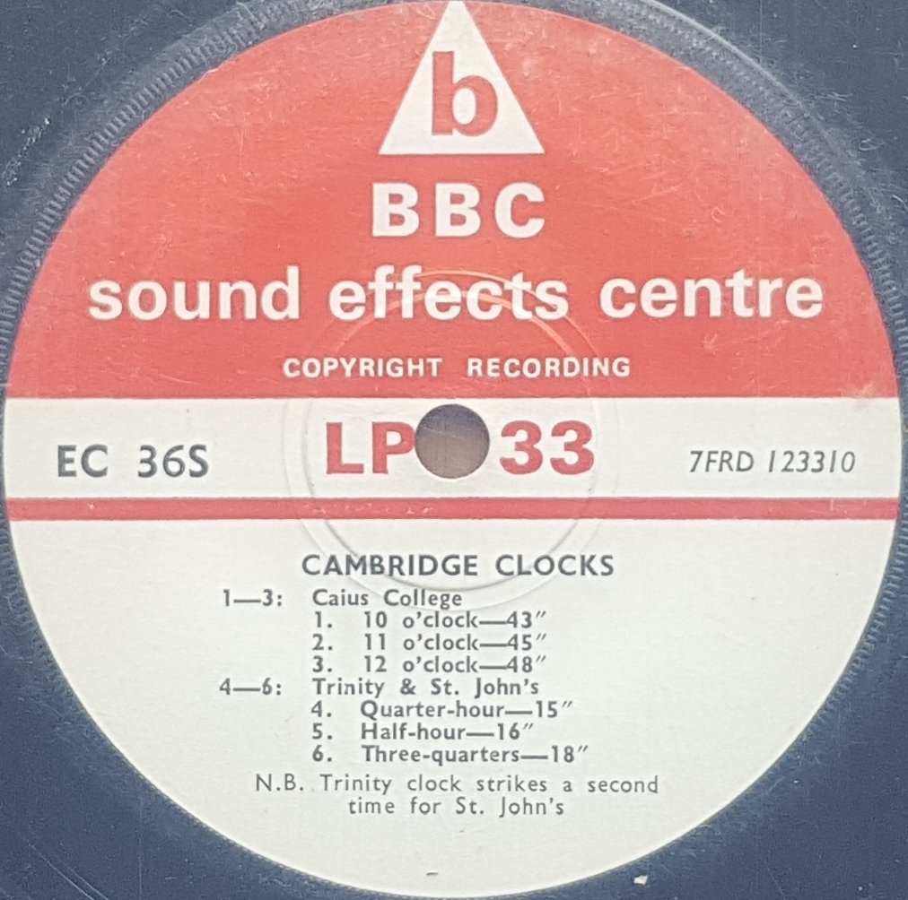 EC 36S Caius College clock, Cambridge / Cambridge clocks Not registered from the BBC records and Tapes library Label